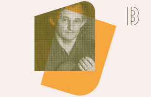 Stylised image with a dot-matrix portrait of Martin Hayes overlayed with an abstract orange shape. The Between the Notes,