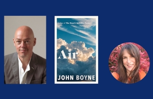 Two images are side by side against a blue background. The Image frame on the left has a photograph of John Boyne dressed in a brown suit, sitting on a chair, his hands are held together and he is looking at the camera with a smile. The image on the right is the cover of Johns new novel Air. The cover shows a bright blue and white image of large clouds with sunlight reflecting off them. The title of the novel and author are over the image in clean white text.