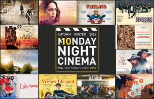 A collage of the 15 film posters that comprise the Autumn/Winter 2024 season of Monday Night Cinema, with the film clapper logo in the centre.