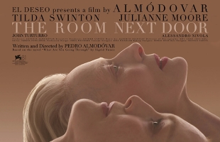 Poster for the Room Next Door. Tilda Swinton and Julianne Moore are laying face up at the bottom of the poster with Julianne in the foreground.