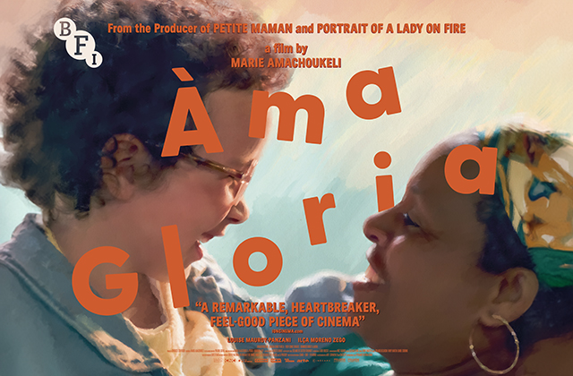 Poster for Áma Gloria. A small girl, wearing glasses, and an older black lady smile at each other with the film's title angled across their faces.