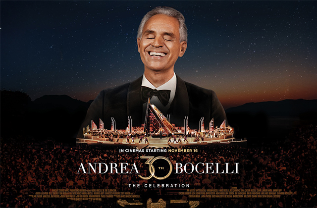 The title image for Andrea Bocelli 30, the camera faces onto Andrea Bocelli, who is smiling, his picture is standing over a large stadium and a huge crowd underneath.