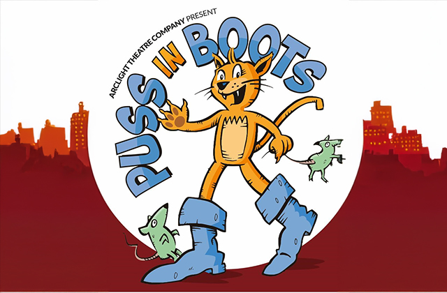 A cartoon ginger cat with large blue boots is centre, with 2 cartoon mice. There is a stylised city skyline behind him.