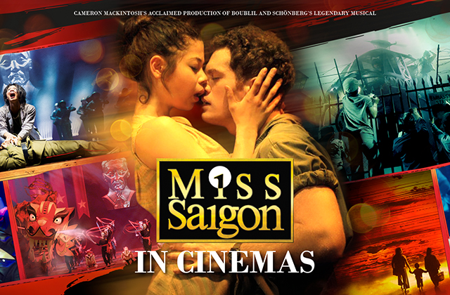 An image of the two main characters in a romantic embrace surrounded by a collage of images from the stage production. The title is laid across the overall image.