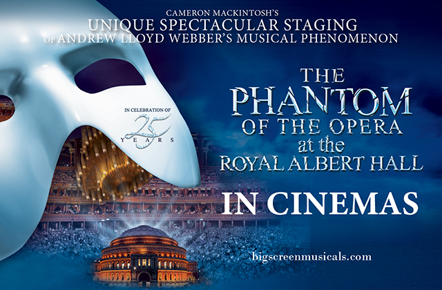 Poster for Phantom of the Opera at the Royal Opera House. The Phantom's mask looms over a backlight Royal Albert Hall, with a chandelier visible behind