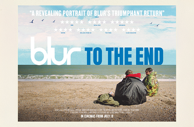 Poster for blur, to the end. 2 men sit on a sandy beach, with their backs to the camera, wearing big puffy jackets