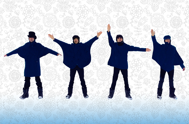 The 4 members of the Classic Beatles recreating the HELP! album cover, spelling out the word using semaphore