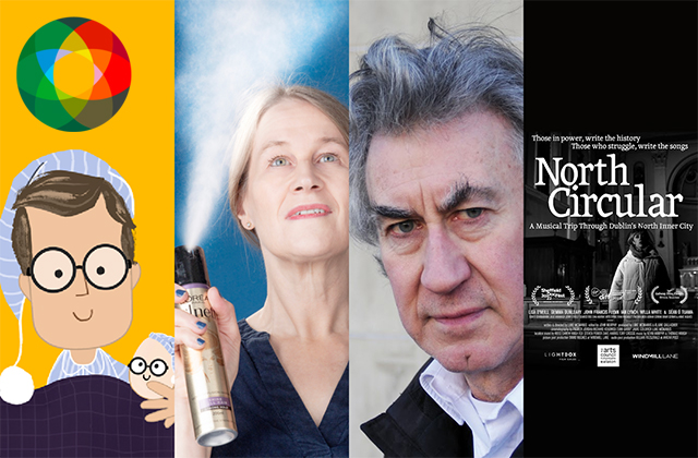 A collage style image of Culture Night events - left to right: a cartoon image of a boy wearing glasses in pyjamas, holding a smiling egg wearing glasses, a blonde woman (Michelle Read) spraying a can of hair spray, a headshot of Barry McGovern taken outdoors, and the poster image for the film North Circular featuring a woman in black and white.