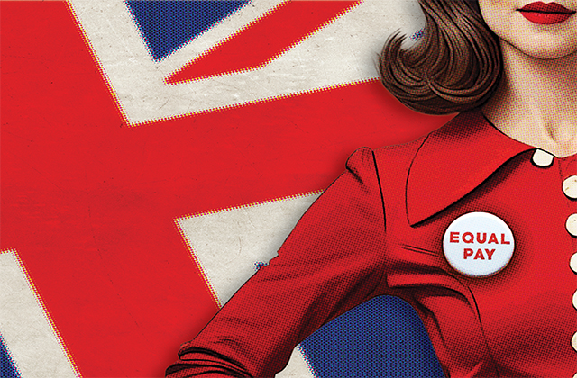 A stylised image of a woman, wearing a red suit jacket with a badge that says Equal Pay is standing powerfully to the right of the poster, with the Union Jack blurred in the background