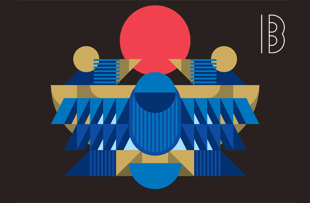 A geometric illustration with lots of different shapes mainly blues and light browns against a black background, the shapes appear to depict a creature perhaps a beetle moving towards the a red circle which appears to be the sun. The image also is akin to an Egyptian style artwork.