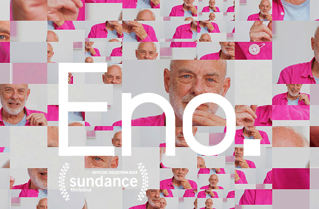 Poster for ENO, featuring a collage of many photographs of Brian Eno.