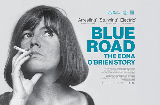 Poster for Blue Road, featuring the film title and a black and white image of Edna O'Brien aged in her 30s, smoking a cigarette.