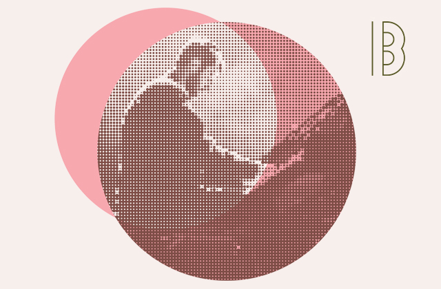 A stylised photo of Evgeny Grinko playing piano, within a pink circle against a beige background.