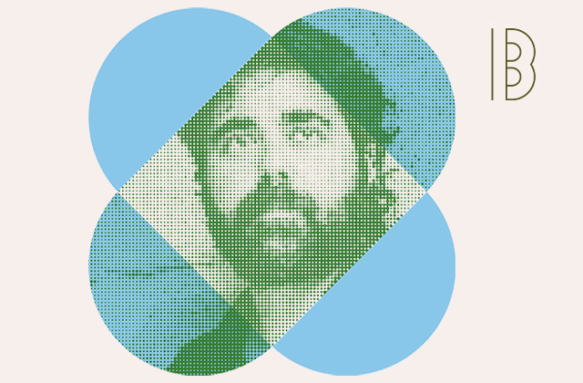 Stylised image with a dot-matrix portrait of Federico overlayed with an abstract blue-green shape. The Between the Notes,