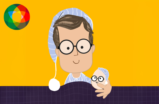 A cartoon image of a boy with round glasses in pyjamas, holding a smiling egg who is also smiling and wearing round glasses.