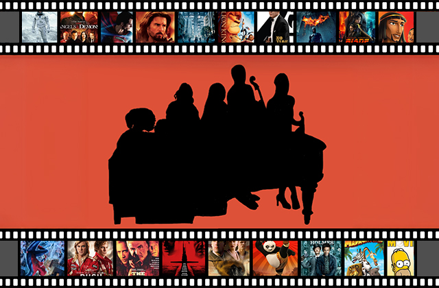 Sihouette of a six-piece classical ensemble, with film reels above and below containing poster images for Hans Zimmer-composed films like The Lion King, The Dark Knight and Kung Fu Panda.