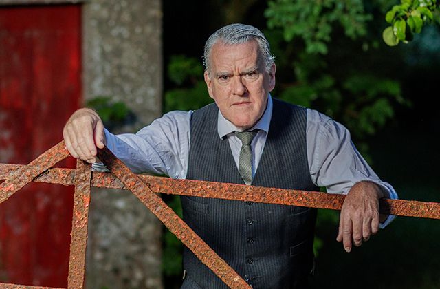 Mikel Murfi stands with his hands rested over a rusted gate, in a rural garden, wearing a suit