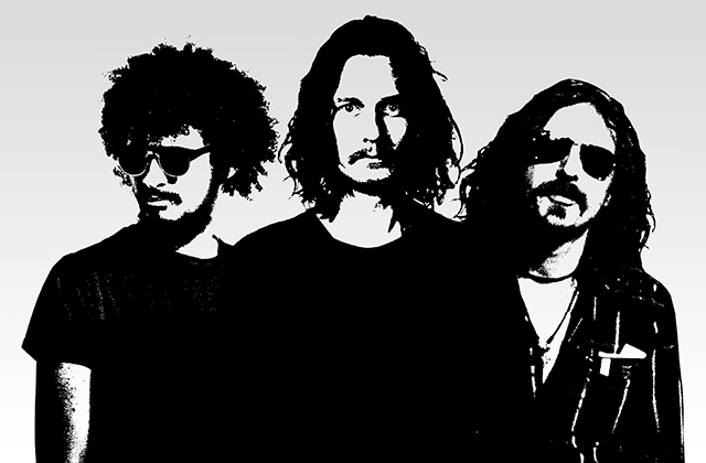 Stylised black and white photo of Jazz Sabbath - three men with long hair and beards, two wearing sunglasses.