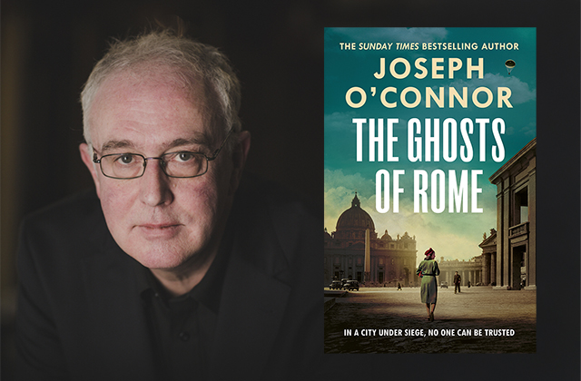 Headshot of Joseph O'Connor next to the cover of his book, The Ghosts of Rome, which features a lone woman walking through the streets of Rome.