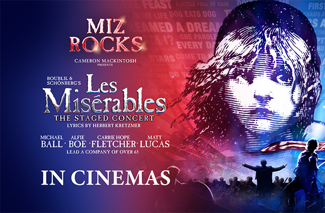 Poster for Les Misérables. A pencil drawn young girls' face, with wind swept hair looms over a crowd of silhouetted people, one of which is waving a French flag