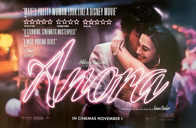 Poster for Anora with the title in large pink neon lights at the forefront, with a young couple embracing behind.