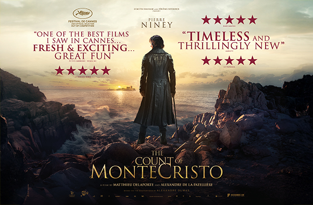 Poster for the Count of Monte Cristo. A lone man stands silhouetted, wearing a long coat, with a sword down by his right hand side, a-top a mountain range.