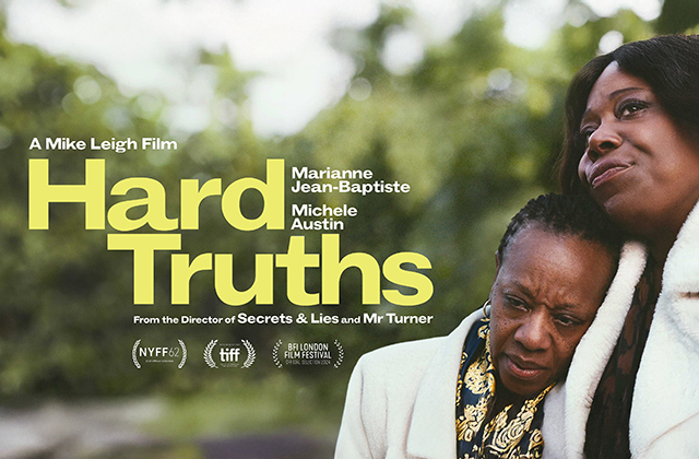 Poster for Hard Truths with the title to the left of the image, to the right are two Afro-Caribbean women. One, with tears in her eyes, is resting her head on the shoulder of the other.