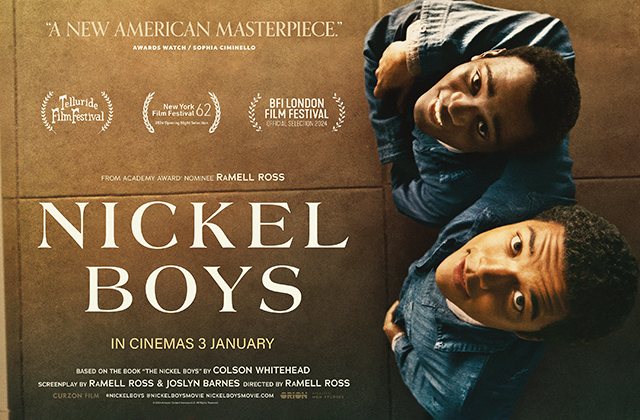 Poster for Nickel Boys. Two African-American boys, wearing matching denim uniforms, stand off to the right looking up at a mirrored ceiling.