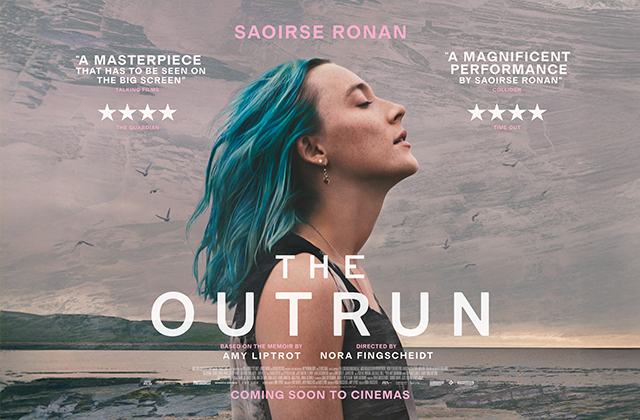 Poster for The Outrun. Saoirse Ronan, with blue hair, stands in the centre of the image with her face facing up and to the right, eyes closed. A coastline, with birds in the sky is in the background.