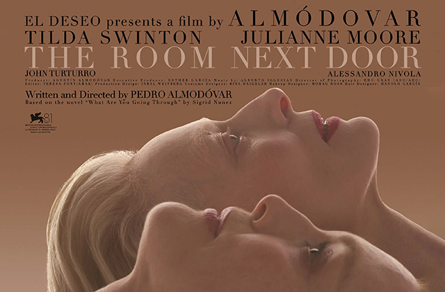 Poster for the Room Next Door. Tilda Swinton and Julianne Moore are laying face up at the bottom of the poster with Julianne in the foreground.