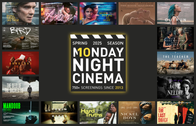 A collage of the film posters that comprise the Spring 2025 season of Monday Night Cinema, with the film clapper logo in the centre.