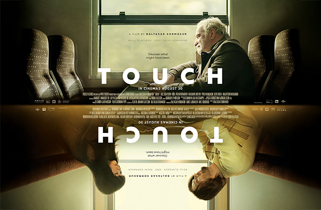 Poster for the movie Touch. A older man sits alone on a modern train in the top half, the bottom half is a mirror image of a younger man with an Asian woman sitting opposite each other on a train that appears to be in the 60s.