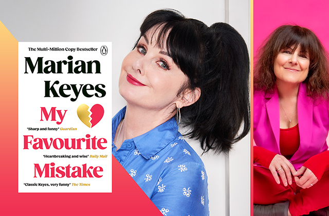 Collage image featuring the cover of My Favourite Mistake by Marian Keyes (a plain white cover with black and red text, and a graphic of a broken heart), beside a press photo of Marian Keyes smiling slyly in a blue shirt, and to her right a press shot of Tara Flynn smiling wearing a pink blazer.