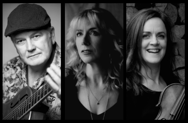 Black and white collage of portrait shots of Muireann Nic Amhlaoibh, Gerry O'Beirne and Niamh Varian-Barry. The latter two hold their instruments, a dobro guitar and violin respectively.