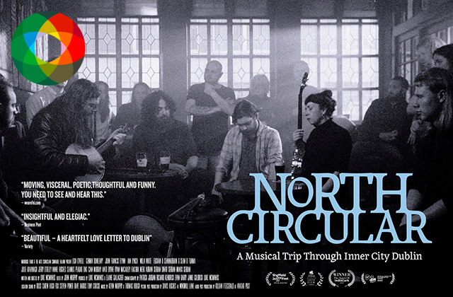 Poster image for North Circular in black and white, featuring a large group of a traditional musicians performing in a dimly lit pub, surrounded by an intently listening audience.