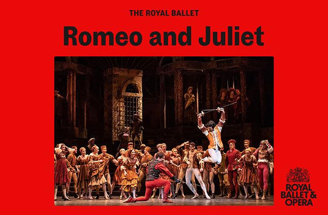 Still image from a production of The Royal Ballet, Romeo and Juliet. The main image shows a scene from the ballet, two men are fencing, one has attempted to strike, while the other has jumped over the sword, there is a large crowd of spectators behind them. Framed in solid red, with the title above.