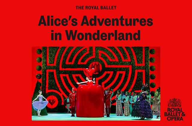 Still image of a performance from Alice's Adventures in Wonderland, with the Queen of Hearts centre stage, framed in solid red with the show's title above