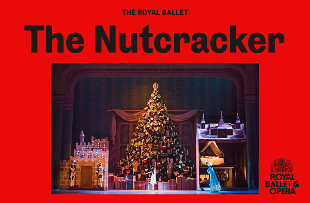 Still image from a production of The Nutcracker, with a large Christmas tree centre stage, and a small girl reaching up in front. Framed in solid red, with the title above