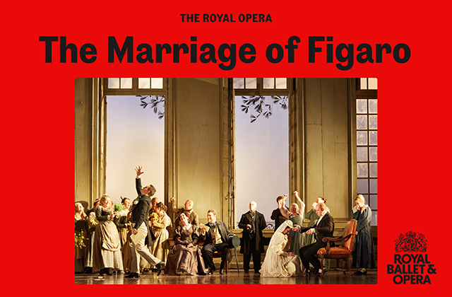 Still image from the production of The Marriage of Figaro, featuring a wedding party in full swing, framed by solid red, and the title above