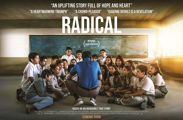 Poster for Radical. A teacher is hunched down surrounded by a group of students in a classroom who are sitting listening to him. His back is at the camera, while the students are looking outward.