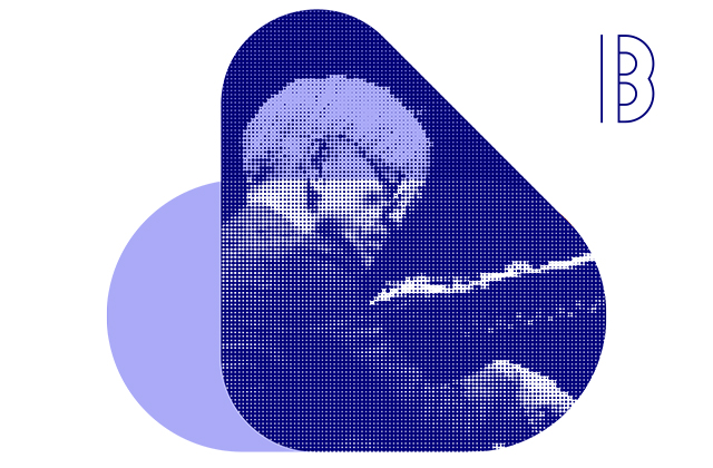 A stylised dark blue image of Ryuchi Sakamoto playing piano.