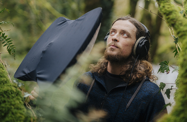 Seán Ronayne in a forest, with sound equipment, looking up and listening intently for bird sounds.