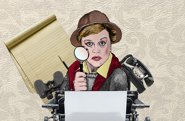 Poster for the Solve-Along - a cartoon Jessica Fletcher, holds up a magnifying glass, surrounded by a stylised rotary phone, blank notebook, binoculars, and a typewriter