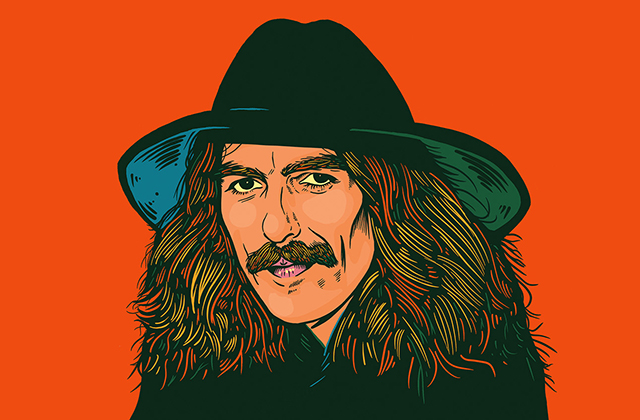 Illustration of a 40-something George Harrison wearing a wide-brimmed hat with a sly smile on his face. The background is a striking orange.