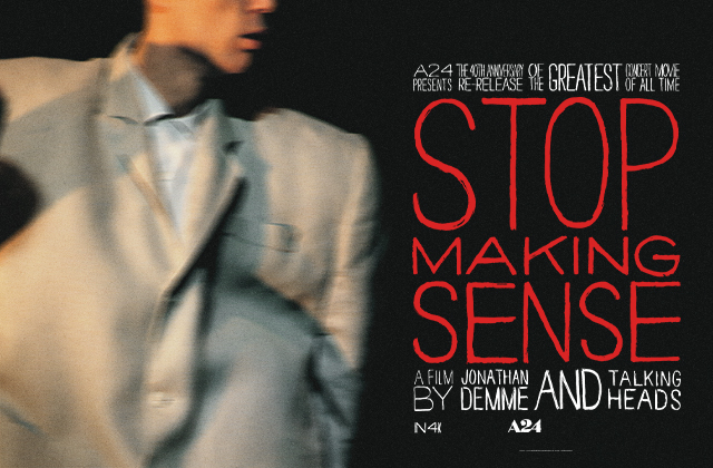 The title image for Stop Making Sense, it shows on the left side David Byrne in a suit, his eyes and forehead are cropped. On the right side we see the film title and some credits.