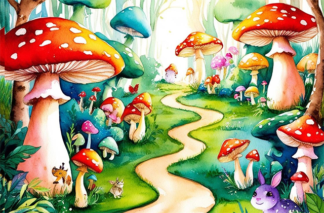 An illustration of a windy path going through a forest of large red and white mushrooms