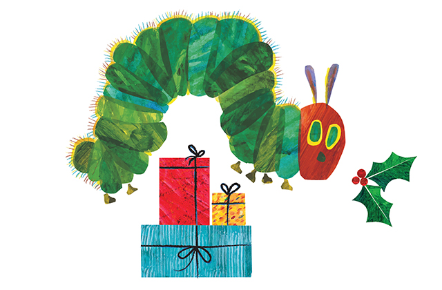 Illustration of the Very Hungry Caterpillar with Christmas presents and a sprig of holly.