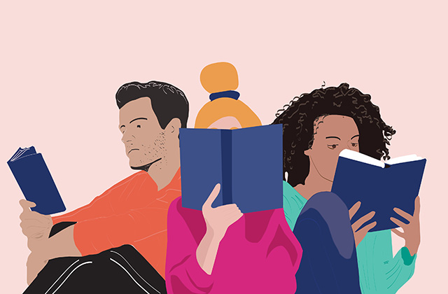 An illustration shows three people in colourful clothes, they are sitting together reading and appear to be enthralled in their books.