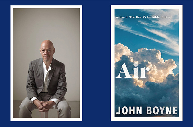 Two images are side by side against a blue background. The Image frame on the left has a photograph of John Boyne dressed in a brown suit, sitting on a chair, his hands are held together and he is looking at the camera with a smile. The image on the right is the cover of Johns new novel Air. The cover shows a bright blue and white image of large clouds with sunlight reflecting off them. The title of the novel and author are over the image in clean white text.